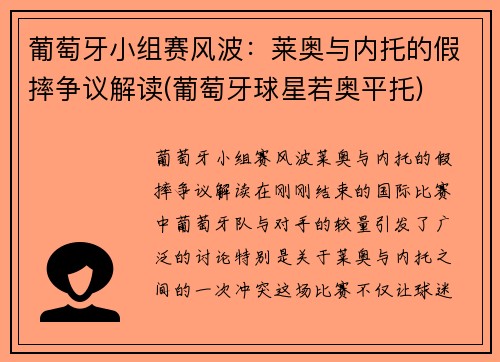 葡萄牙小组赛风波：莱奥与内托的假摔争议解读(葡萄牙球星若奥平托)