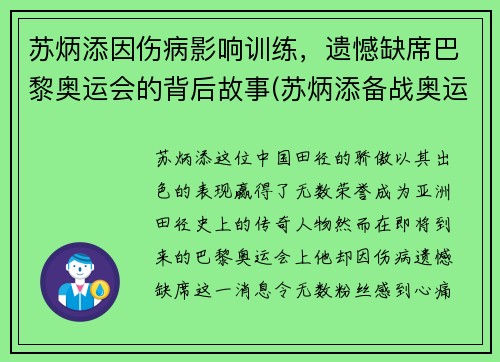 苏炳添因伤病影响训练，遗憾缺席巴黎奥运会的背后故事(苏炳添备战奥运)