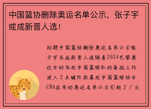 中国篮协删除奥运名单公示，张子宇或成新晋人选！