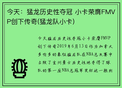 今天：猛龙历史性夺冠 小卡荣膺FMVP创下传奇(猛龙队小卡)