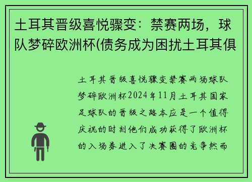 土耳其晋级喜悦骤变：禁赛两场，球队梦碎欧洲杯(债务成为困扰土耳其俱乐部的首要心病)