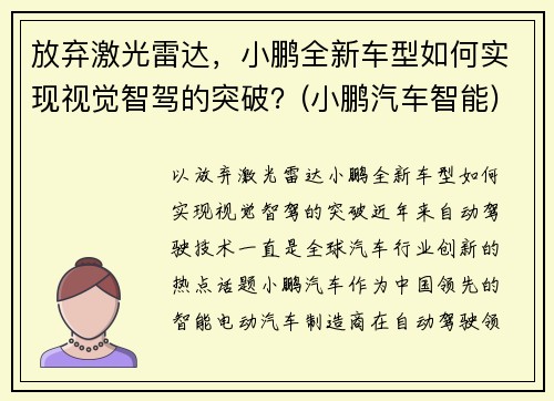 放弃激光雷达，小鹏全新车型如何实现视觉智驾的突破？(小鹏汽车智能)