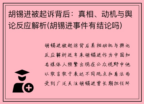 胡锡进被起诉背后：真相、动机与舆论反应解析(胡锡进事件有结论吗)