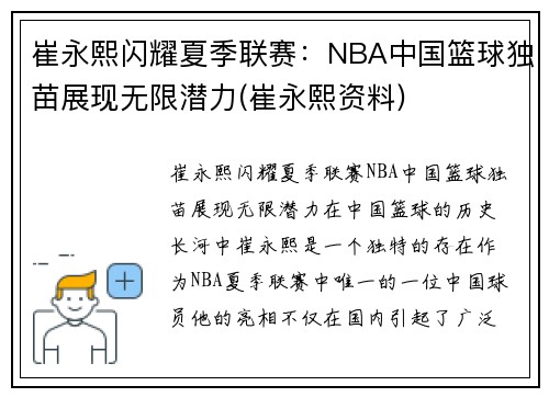 崔永熙闪耀夏季联赛：NBA中国篮球独苗展现无限潜力(崔永熙资料)
