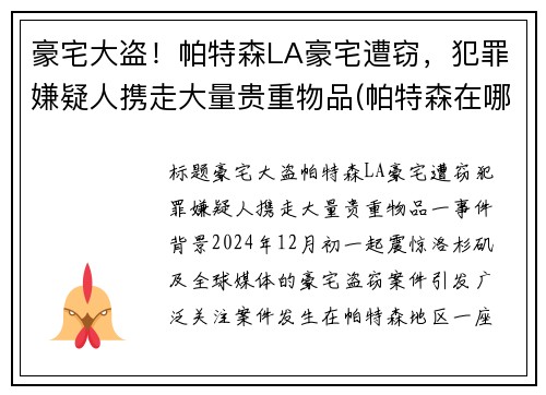 豪宅大盗！帕特森LA豪宅遭窃，犯罪嫌疑人携走大量贵重物品(帕特森在哪里)
