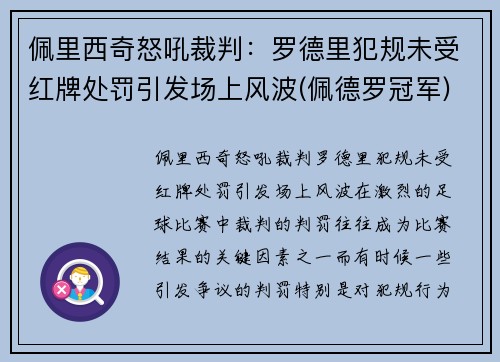 佩里西奇怒吼裁判：罗德里犯规未受红牌处罚引发场上风波(佩德罗冠军)