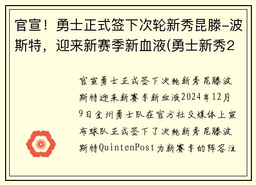 官宣！勇士正式签下次轮新秀昆滕-波斯特，迎来新赛季新血液(勇士新秀2020)
