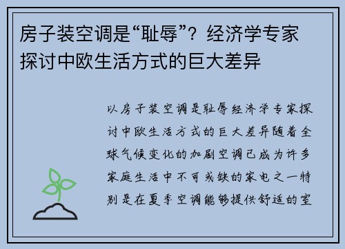 房子装空调是“耻辱”？经济学专家探讨中欧生活方式的巨大差异