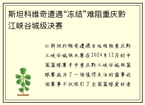 斯坦科维奇遭遇“冻结”难阻重庆黔江峡谷城级决赛