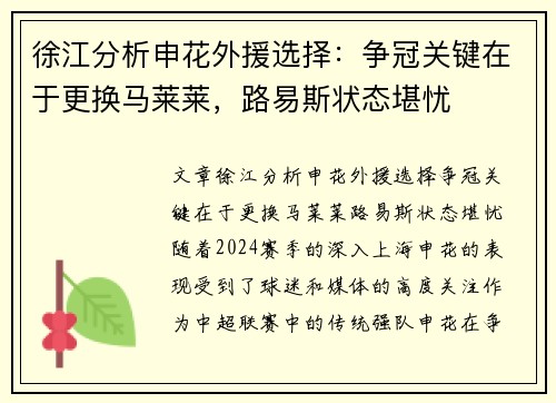 徐江分析申花外援选择：争冠关键在于更换马莱莱，路易斯状态堪忧