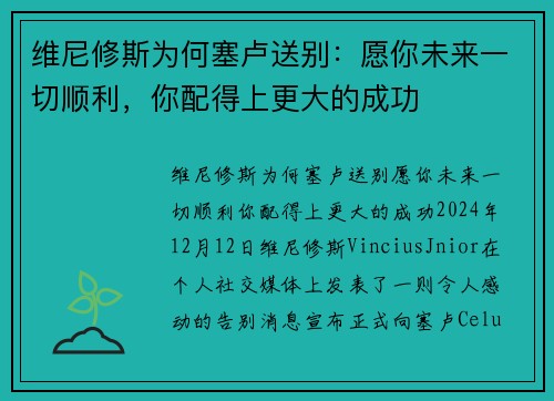 维尼修斯为何塞卢送别：愿你未来一切顺利，你配得上更大的成功