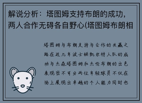 解说分析：塔图姆支持布朗的成功，两人合作无碍各自野心(塔图姆布朗相撞)