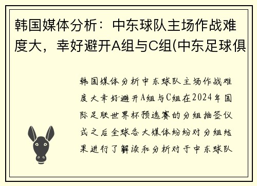 韩国媒体分析：中东球队主场作战难度大，幸好避开A组与C组(中东足球俱乐部)