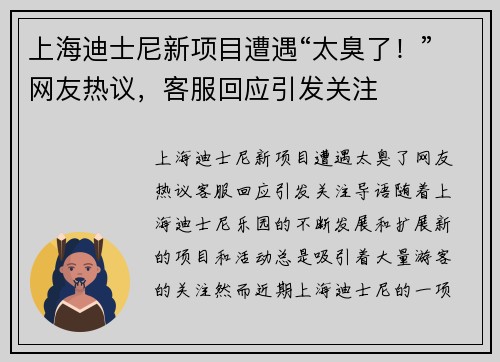 上海迪士尼新项目遭遇“太臭了！”网友热议，客服回应引发关注
